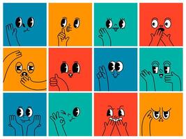 Cartoon people faces. Funny facial expressions avatar with retro character face and hand gestures. Mood background set vector