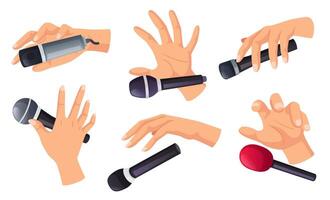 Mic drop gesture. Cartoon hand holding and dropping microphone to end performance epically isolated Illustration set vector