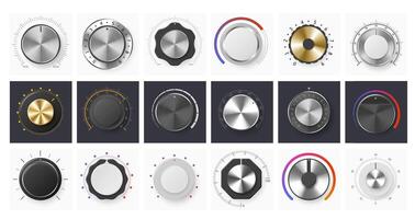 Volume control knob. Amplifier round dial level regulator, metal potentiometer knobs and audio ui knobs set vector