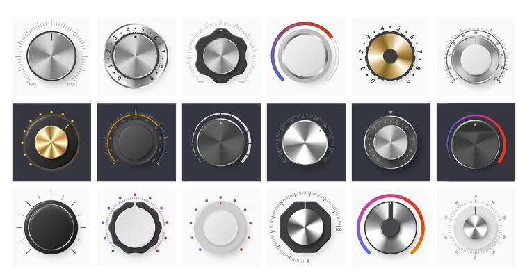 Volume control knob. Amplifier round dial level regulator, metal potentiometer knobs and audio ui knobs set