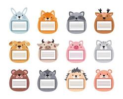 Animal notebooks labels. Cute pastel scrapbook tag sticker, notebook owner name frame with pet face and tag border set vector
