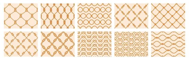 Nautical rope patterns. Seamless marine cord ornaments, sailor rope knots and net grid background set vector