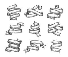 Sketch ribbon banner. Hand drawn scroll ribbons, engraving vintage swirl and twisted line stripe set vector