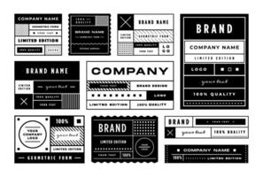Minimal label template. Geometric tag layout, retro package grid frame and branded sticker design set vector