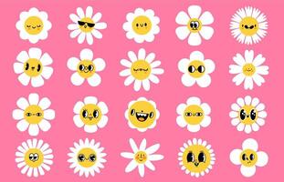 Cartoon flowers faces. Smiled character with petals, spring mascot face with eyes and smile. Retro groovy facial expressions set vector