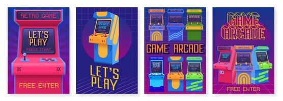 Retro gaming posters. Arcade game event invitation flyer, lets play poster with old gaming machines set vector