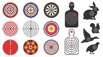 Shooting range target. Human and animals silhouette targets with bullet shoot ranking marks and rings set vector
