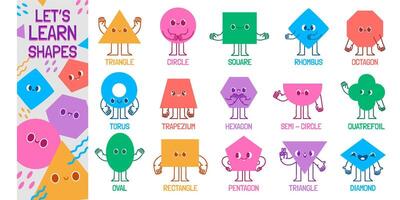 Geometric shape characters. Lets learn basic shapes, educational figure mascots for childrens Illustration set vector