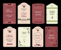 Floral wine bottle label. Winery sticker template with grapes vine, vertical vineyards frame for alcohol and elegant grape ornaments border set vector
