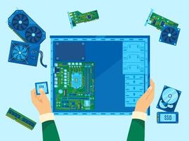 Computer assembly. Pc building, hardware repair or CPU upgrade. Personal computer components installation to case illustration vector