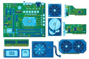 Components for computer build. PC motherboard, HDD and SSD. RAM bar, CPU and GPU, cooler fan and power supply, audio and network card set vector