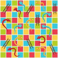 Snake and ladders grid. Color tiles game board with cute snakes and ladder to rise abstract illustration vector