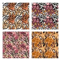 Mixed animal skin motifs pattern. Fusion fur print, safari mix texture and wild nature fashion seamless background set vector
