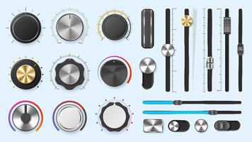 Audio mixer dials. Volume adjustment levels metal knobs and slider regulators, round and line amplify controllers set vector