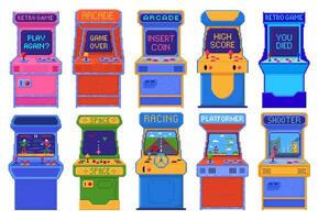 Pixel art arcade game machines. Old 8 bit gaming console different games and play again, high score and you died screens set vector