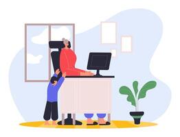 Remote work disadvantages. Woman worker or freelancer sitting at desktop computer, son distracting mother vector