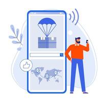 Man holding smartphone and tracking online order. Male character waiting for parcel using application to see map vector