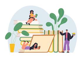 Reading book lover characters. Young girls and boy studying in library or preparing for exams. Cartoon characters getting knowledge vector