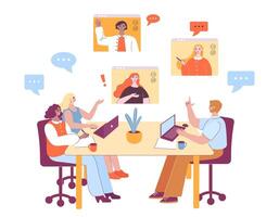 conference meeting. People sitting at office and having online call with team. Remote workers talking to colleagues vector