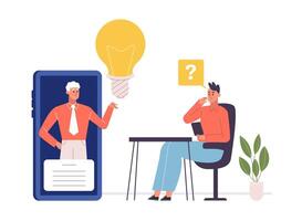 Man suggesting creative idea from mobile phone screen. Employee sitting at desk and talking to colleague vector