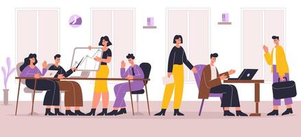 Professional teamwork. Busy employees working at office. Colleague sitting at desk and having brainstorming vector