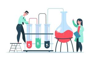 Science laboratory research. Scientists doing experiment with lab equipment. Workers working with liquids vector