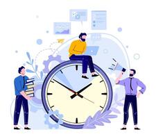 Organized office work. Employee sitting at big clock and working at laptop to meet deadline. Manager holding loudspeaker vector
