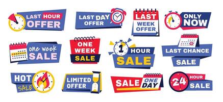 Countdown banners. Promo badges with timer, alarm and clock icons for last day offer, one week and 24 hour sale sign set vector