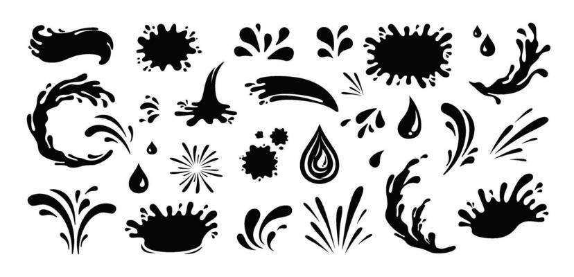 Splash silhouette with droplets. Water drops shapes, liquid burst splashes and ink blot hand drawn set