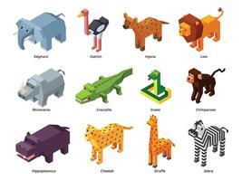 Isometric african animals. Low poly zoo, polygonal alligator, lion and giraffe. Monkey, snake, elephant toy and zebra 3D game set vector