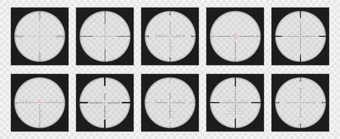 Optical sight view. Sniper scope POV overlay, measurement crosshair and look through zoom lens set vector