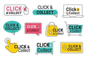 Click and collect. Online shop buttons with clicking cursor pointer, computer mouse and shopping bag set vector