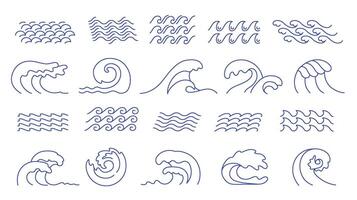 Line waves. Ocean surf curl, sea wave crest and water surface swing. Line art lake, doodle aqua and river icons set vector