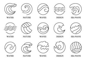 Ocean wave line emblem. Water label with ocean storm waves icon, water surface swing and line art aqua set vector