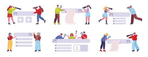 Searching people. Personalised search results, SEO optimisation and search bar with finders characters set vector