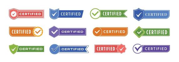 Certified label template. Badge with check mark icon, certification tag and quality approved stamp set vector