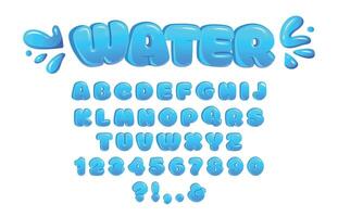 Water bubble font. Glossy bubbly letters, chubby alphabet and water drops inflated numbers display typeface cartoon set vector