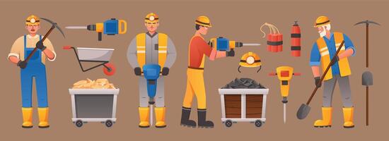 Cartoon miners and equipment. Digger character with mining tools, helmet, pick and jackhammer. Miner trolley with gold and coal set vector