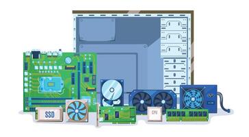 PC components. Computer case with electronic hardware parts. Build or upgrade personal computer illustration vector