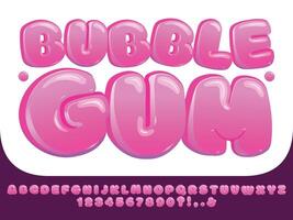 Bubble gum font. Sweet pink chubby letters, glossy lollipop candy numbers and funny alphabet bubbles display typeface set vector