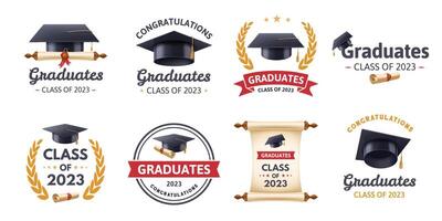 Graduation label. Class of 2023 congratulations graduates typography design, graduation ceremony badges template set vector