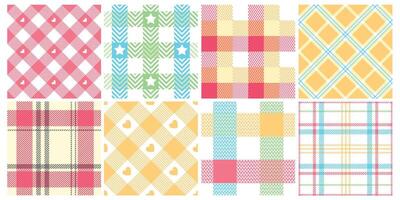 Seamless picnic check pattern. Pastel blanket, comfy plaid for easter spring weekends and geometric intertwined grid background set vector