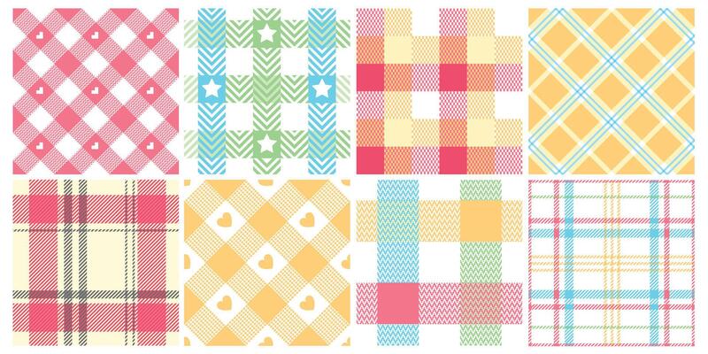 Seamless picnic check pattern. Pastel blanket, comfy plaid for easter spring weekends and geometric intertwined grid background set