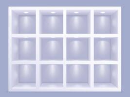 Square wall shelves with lighting. Grid cell showcase shelving with decorative lamps, empty library shelf or furniture background vector