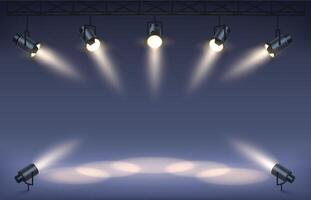 Scene with stage projectors. Studio podium with spotlights, shining scene illumination and light beam background vector