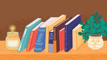 Bookshelf. Pile of books in bookcase, bookshop bookstore school archive library row shelf with textbook encyclopedia stack cartoon style. colorful set vector