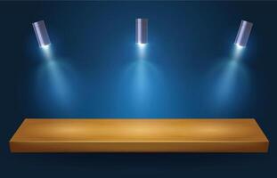 Wall shelf with spotlight light. Empty wooden rack, display product background with decorative lighting lamps Illustration vector