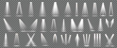 Scene light beam. Stage spotlight overlay effects, spot lamp projection and show illumination set vector