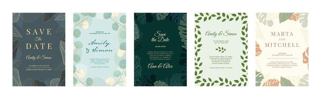 Golden floral wedding invitation. Elegant frame with luxury botanical leafs ornament and greenery foliage event invite template set vector