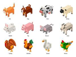 Isometric domestic animals. Low poly pets and farm birds. Squared cat, polygonal dog and voxel rabbit 3D cartoon set vector
